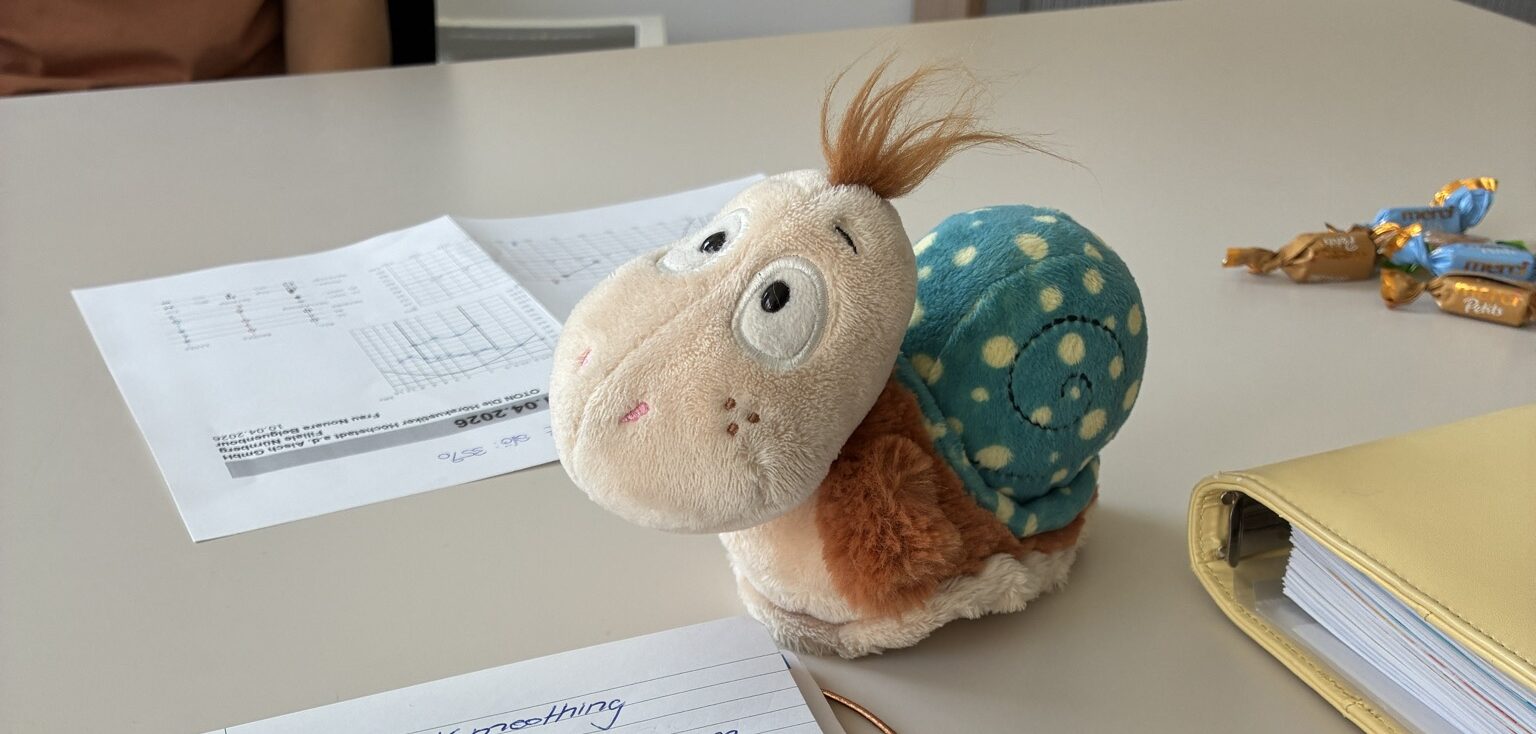 Kuscheltier-Schnecke Finnea sitzt auf einem Tisch bei einer Hörberatung, neben Unterlagen, Notizen und einem Ordner.