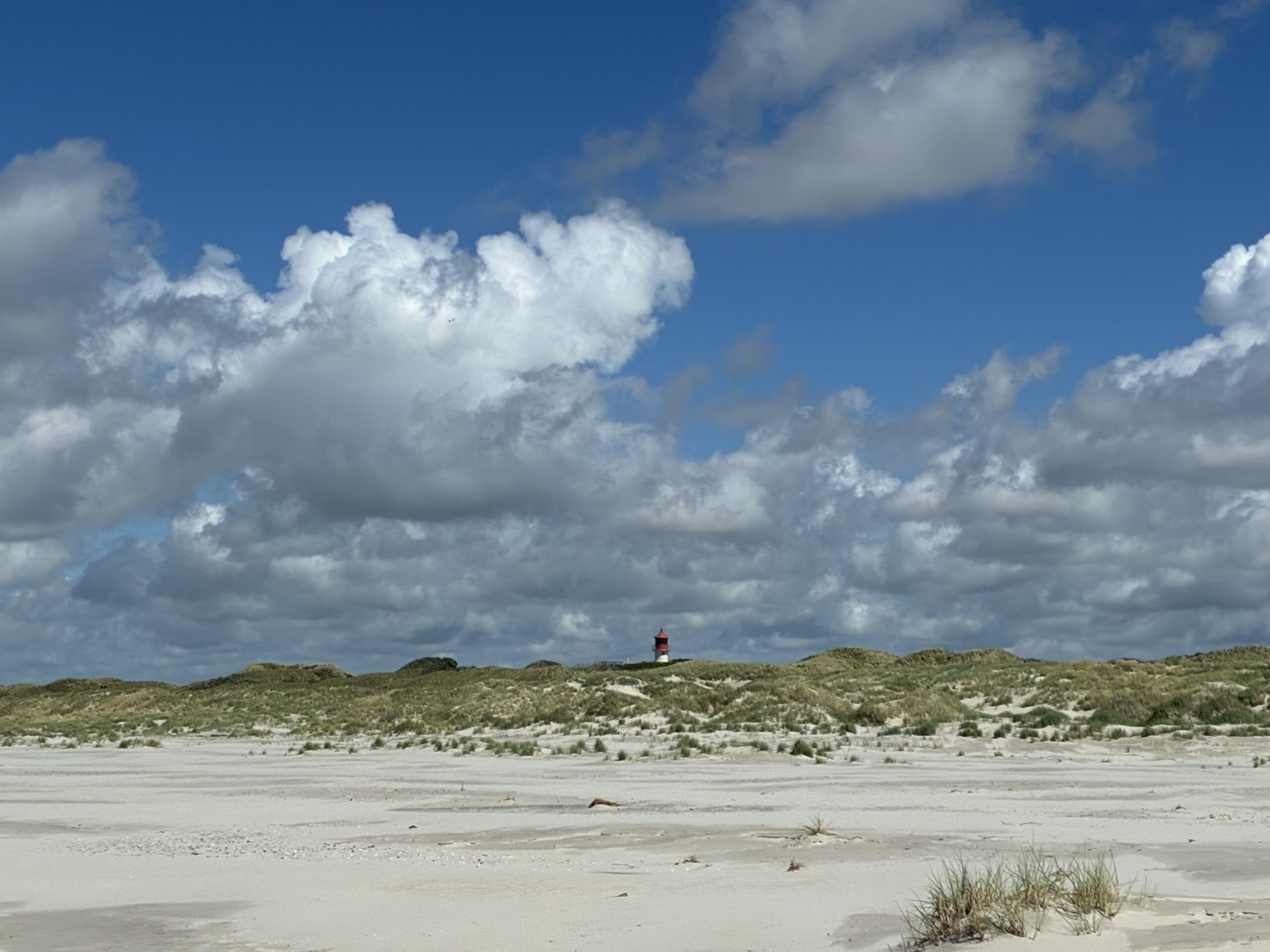 Weite Dünenlandschaft mit blauem Himmel und einem Leuchtturm im Hintergrund.